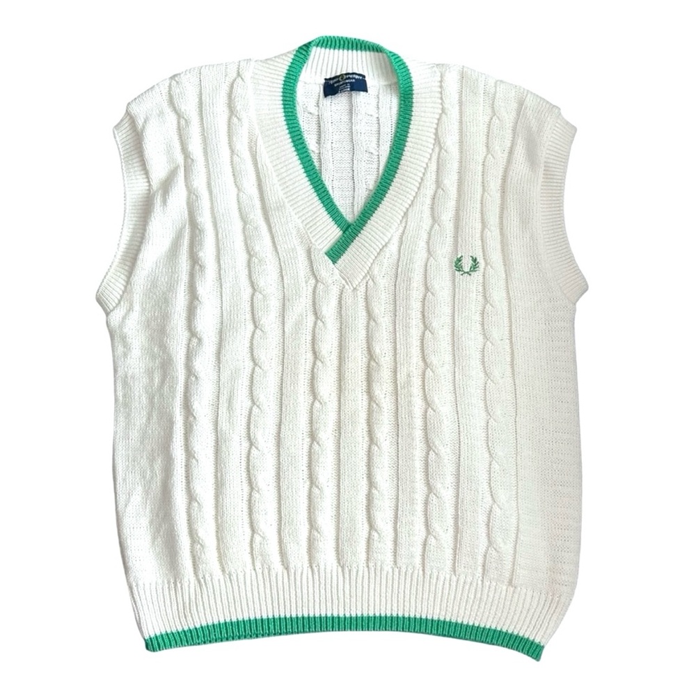 VTG Fred Perry White & Green Cable Knit Sweater Vest Preppy Tennis Blokecore L